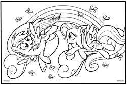 Size: 3101x2088 | Tagged: safe, imported from derpibooru, fluttershy, rainbow dash, butterfly, pegasus, pony, black and white, coloring book, coloring page, cute, duo, duo female, female, flying, grayscale, looking at each other, looking at someone, mare, monochrome, official, open mouth, open smile, rainbow, smiling, spread wings, stock vector, wings