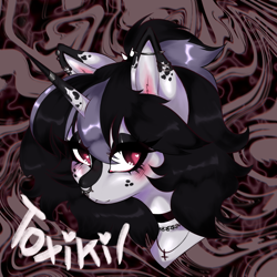 Size: 4680x4680 | Tagged: safe, artist:toxikil, imported from derpibooru, oc, oc only, oc:blitz chord, pony, unicorn, abstract background, bangs, blushing, bust, choker, ear piercing, emo, eye clipping through hair, eyelashes, freckles, horn, horn ring, jewelry, makeup, necklace, nose piercing, nose ring, pfp, piercing, ponytail, red eyes, ring, solo, spikes, unicorn oc
