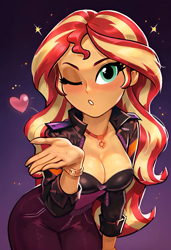 Size: 1664x2432 | Tagged: safe, edit, imported from derpibooru, sunset shimmer, human, equestria girls, ai content, ai generated, blowing a kiss, blushing, breasts, cleavage, generator:pony diffusion v6 xl, generator:stable diffusion, heart, one eye closed, prompter:sunshimm supremacy, solo, wink