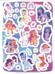 Size: 488x650 | Tagged: safe, imported from derpibooru, hitch trailblazer, izzy moonbow, pipp petals, sprout cloverleaf, sunny starscout, zipp storm, earth pony, pegasus, pony, unicorn, 2d, argyle starshine, g5, happy, heart, horn, horseshoes, hug, looking at each other, looking at someone, looking at you, looking down, mane five, mane stripe sunny, merchandise, official, rainbow, scan, scanned, smiling, smiling at you, stars, sticker, sticker set