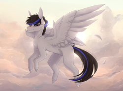 Size: 1450x1075 | Tagged: safe, artist:riressa, imported from derpibooru, oc, oc only, pegasus, pony, black sclera, flying, heterochromia, male, solo, stallion