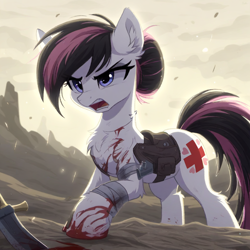 Size: 1024x1024 | Tagged: safe, imported from derpibooru, nurse redheart, oc, unnamed oc, earth pony, pony, ai content, ai generated, alternate color palette, alternate hairstyle, bag, bandage, blood, fusion, generator:novelai, generator:stable diffusion, prompter:hazy skies, saddle bag, solo, sword, wasteland, weapon