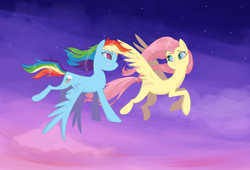 Size: 3750x2550 | Tagged: safe, artist:shanyata, imported from derpibooru, fluttershy, rainbow dash, pegasus, pony, duo, duo female, female, flutterdash, flying, high res, lesbian, looking at each other, looking at someone, mare, shipping, sky, smiling, smiling at each other, spread wings, windswept mane, wings, wings down