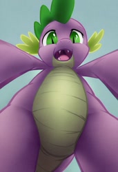 Size: 832x1216 | Tagged: prompter needed, safe, derpibooru exclusive, imported from derpibooru, spike, dragon, ai content, ai generated, belly, featureless crotch, generator:pony diffusion v6 xl, generator:stable diffusion, imminent vore, looking at you, low angle, macro/micro, male, maw, mawshot, offscreen character, open mouth, pov, scalie, solo