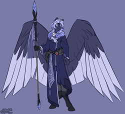 Size: 4000x3650 | Tagged: safe, artist:stardustspix, imported from derpibooru, oc, oc only, oc:kyanite arc, anthro, pegasus, pony, unguligrade anthro, amputee, bag, belt, boots, clothes, colored wings, crystal, eyebrows, eyebrows visible through hair, high res, male, no pupils, potion, prosthetic arm, prosthetic limb, prosthetics, robes, shoes, solo, staff, stallion, two toned mane, wings