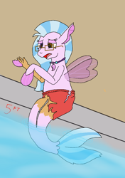 Size: 534x760 | Tagged: safe, artist:wereskunk, imported from derpibooru, silverstream, human, seapony (g4), clothes, fin wings, fins, glasses, human to seapony, jewelry, legs fusing, lidded eyes, male to female, mid-transformation, necklace, open mouth, rule 63, seapony silverstream, sitting, solo, swimming pool, swimming trunks, swimsuit, torn clothes, transformation, transgender transformation, water, wings