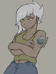 Size: 3072x4096 | Tagged: safe, artist:metaruscarlet, imported from derpibooru, limestone pie, human, clothes, crossed arms, ear piercing, earring, female, holder's boulder, humanized, jewelry, muscles, muscular female, not gilda, piercing, simple background, solo, tattoo