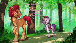 Size: 2048x1152 | Tagged: safe, artist:mythical artist, imported from derpibooru, oc, oc:sunspot, earth pony, pony, duo, duo female, female, filly, floppy ears, foal, forest, g5, looking back, mare, mother and child, mother and daughter, nature, open mouth, open smile, outdoors, raised hoof, raised leg, signature, smiling, sunny starscout's mother, tail, tree, unshorn fetlocks, walking, younger