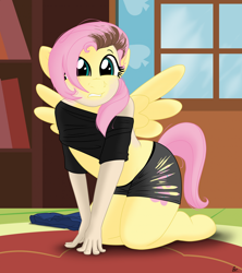 Size: 1810x2036 | Tagged: safe, artist:redpaladin, imported from derpibooru, fluttershy, human, pegasus, pony, all fours, clothes, gritted teeth, human to pony, male to female, mid-transformation, ripping clothes, rule 63, teeth, transformation, transgender transformation