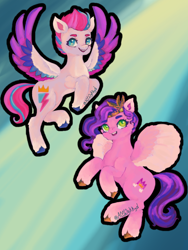 Size: 768x1024 | Tagged: safe, artist:acewykkyd, imported from derpibooru, pipp petals, zipp storm, pegasus, pony, diadem, duo, duo female, female, flying, g5, jewelry, looking at you, open mouth, open smile, physique difference, regalia, royal sisters (g5), siblings, signature, sisters, smiling, spread wings, tail, unshorn fetlocks, wings