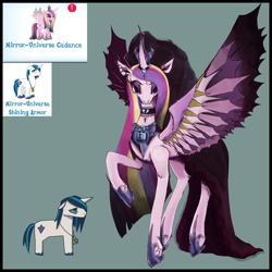 Size: 1280x1280 | Tagged: safe, artist:acewykkyd, imported from derpibooru, princess cadance, shining armor, alicorn, pony, unicorn, alternate universe, bags under eyes, choker, clothes, crown, dress, duo, duo male and female, evil cadance, female, floppy ears, gameloft, gameloft interpretation, height difference, hoof shoes, horn, jewelry, lidded eyes, lock, looking at you, male, mare, meme, mirror universe, my little pony: magic princess, peytral, princess shoes, raised hoof, redraw, regalia, sad, shiningcadance, shipping, size difference, spread wings, stallion, straight, tail, tall, the bride and the ugly ass groom, toy interpretation, unshorn fetlocks, wings