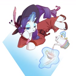 Size: 1300x1300 | Tagged: safe, artist:echoes580, imported from derpibooru, rarity, pony, unicorn, abstract background, clothes, coat, cup, detective rarity, female, grin, hat, horn, lying down, magic, mare, on side, plate, smiling, solo, teacup, teapot, telekinesis