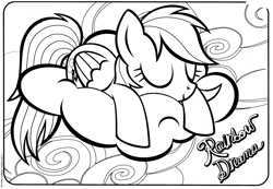 Size: 2995x2074 | Tagged: safe, imported from derpibooru, rainbow dash, pegasus, pony, black and white, cloud, coloring book, coloring page, eyes closed, female, folded wings, grayscale, mare, monochrome, official, on a cloud, sleeping, sleeping on a cloud, sleepydash, smiling, solo, stock vector, text, wings