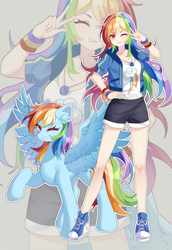 Size: 4145x6031 | Tagged: safe, artist:alus, imported from derpibooru, rainbow dash, human, pegasus, pony, equestria girls, backwards cutie mark, clothes, converse, cute, ear fluff, female, grin, hoodie, human coloration, human ponidox, humanized, one eye closed, peace sign, self paradox, self ponidox, shoes, shorts, smiling, tomboy, wink, zoom layer