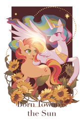 Size: 2153x3192 | Tagged: safe, artist:yingyu850, imported from derpibooru, princess celestia, sunset shimmer, alicorn, pony, unicorn, female, flower, horn, mare, simple background, sunflower, text, white background