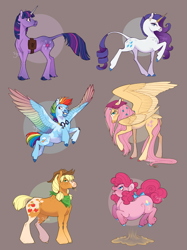 Size: 1535x2048 | Tagged: safe, artist:solkatt-arts, imported from derpibooru, applejack, fluttershy, pinkie pie, rainbow dash, rarity, twilight sparkle, classical unicorn, earth pony, pegasus, pony, unicorn, bow, brown background, cloven hooves, colored wings, female, flower, flower in hair, goggles, goggles around neck, horn, large wings, leonine tail, mane six, mare, multicolored wings, pronking, rainbow wings, simple background, standing on two hooves, tail, tail bow, unicorn twilight, unshorn fetlocks, wings