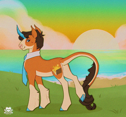 Size: 1310x1220 | Tagged: safe, artist:wolfs42, imported from derpibooru, oc, oc:sol sunset, classical unicorn, unicorn, beach, butt, clothes, cloven hooves, colored hooves, colored horn, cutie mark, detailed background, gift art, horn, leonine tail, male, necktie, plot, retro, solo, stallion, tail, unicorn oc, unshorn fetlocks