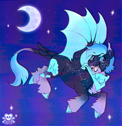 Size: 1404x1450 | Tagged: safe, artist:wolfs42, imported from derpibooru, oc, oc:veve, bat pony, bat pony oc, bat wings, clothes, colored hooves, crescent moon, ear piercing, female, freckles, gift art, handkerchief, leonine tail, mare, moon, night, night sky, piercing, retro, sky, tail, tail feathers, unshorn fetlocks, wings