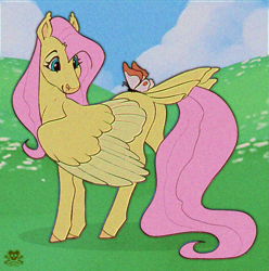 Size: 877x884 | Tagged: safe, artist:wolfs42, imported from derpibooru, fluttershy, butterfly, pegasus, pony, butt, butterfly on butt, chromatic aberration, colored wings, ear tufts, female, flutterbutt, looking back, mare, plot, solo, tail, tail feathers, two toned wings, wings