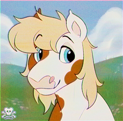 Size: 780x767 | Tagged: safe, artist:wolfs42, imported from derpibooru, oc, oc:warhawk, earth pony, bust, chromatic aberration, earth pony oc, eyebrows, eyebrows visible through hair, looking at you, male, meadow, retro, stallion