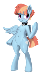 Size: 1088x1762 | Tagged: safe, artist:sunbusting, imported from derpibooru, windy whistles, pegasus, semi-anthro, belly button, blushing, collar, female, freckles, pubic mound, simple background, solo, white background