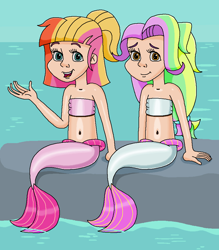 Size: 882x1008 | Tagged: safe, artist:ocean lover, imported from derpibooru, coconut cream, toola roola, human, mermaid, bandeau, bare shoulders, beach, belly, belly button, best friends, boulder, child, children, duo, duo female, female, fins, fish tail, golden eyes, hairpin, happy, human coloration, humanized, innocent, light skin, long hair, looking at you, mermaid tail, mermaidized, mermay, midriff, ms paint, multicolored hair, ocean, open mouth, outdoors, rock, sitting, sky, sleeveless, smiling, smiling at you, species swap, tail, tail fin, teal eyes, water, wave