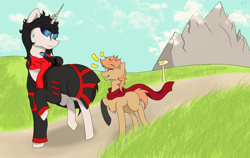 Size: 3000x1900 | Tagged: safe, artist:anix_space, imported from derpibooru, oc, oc only, oc:anix, oc:himmel, earth pony, pony, unicorn, clothes, foal, glowing, glowing eyes, horn, scarf