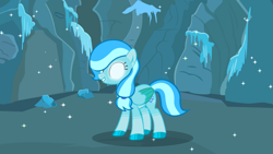 Size: 3032x1708 | Tagged: safe, artist:ncolque, imported from derpibooru, screencap, oc, oc only, oc:ice crystal, pegasus, pony, cave, glowing, glowing eyes, ice, solo