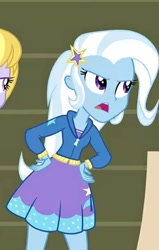 Size: 517x812 | Tagged: safe, imported from derpibooru, screencap, trixie, equestria girls, angry, arms, breasts, bust, clothes, female, frown, hairpin, hand, hand on hip, hoodie, legs, long hair, long sleeves, open frown, open mouth, skirt, solo, standing, talking, teenager, teeth, top, zipper