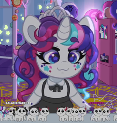 Size: 530x558 | Tagged: safe, artist:partypievt, imported from derpibooru, rainbow dash, oc, oc only, oc:party pie, anthro, pony, unicorn, autism creature, clothes, eyebrows, eyebrows visible through hair, facial markings, family guy death pose, fringe, glow in the dark, horn, jewelry, pinafore, refrigerator, skirt, solo, tentacles, tiara, twitch, vtuber