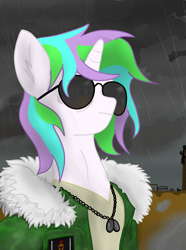 Size: 1521x2048 | Tagged: safe, artist:minecake, imported from derpibooru, oc, oc only, oc:cake sparkle, pony, unicorn, boot camp, bust, clothes, cloud, cloudy, dog tags, female, flag, horn, jacket, military uniform, older, overcast, portrait, rain, solo, sunglasses, uniform