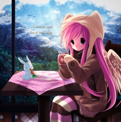 Size: 1080x1087 | Tagged: safe, artist:bonnybel_, imported from derpibooru, angel bunny, fluttershy, human, alternate clothes, chocolate, food, hot chocolate, humanized, solo, wings