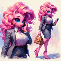 Size: 1024x1024 | Tagged: safe, imported from derpibooru, pinkie pie, anthro, earth pony, adorasexy, ai content, ai generated, bag, beautiful, big breasts, breasts, business suit, businessmare, busty pinkie pie, button-up shirt, cellphone, clothes, cute, female, handbag, high heels, no tail, office lady, open mouth, phone, prompter:horselover fat, purse, sexy, shirt, shoes, simple background, solo, talking on phone, walking