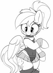 Size: 1997x2714 | Tagged: safe, artist:pabbley, imported from derpibooru, rainbow dash, pegasus, pony, semi-anthro, alternate hairstyle, bipedal, black and white, blush lines, blushing, choker, clothes, female, grayscale, high res, hockless socks, leotard, looking down, mare, monochrome, ponytail, rainbow dash always dresses in style, see-through, simple background, skirt, smiling, socks, solo, stockings, thigh highs, white background, wide hips, wristband