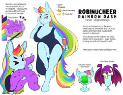 Size: 2000x1561 | Tagged: safe, artist:robinucheer, imported from derpibooru, rainbow dash, anthro, pegasus, unguligrade anthro, ><, alcohol, breasts, bust, busty rainbow dash, cocktail, drink, eating, eyes closed, female, grin, looking at you, milf, older, older rainbow dash, simple background, sitting, smiling, tentacles, text, white background, wingless, wingless anthro