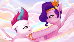 Size: 4609x2651 | Tagged: safe, artist:maren, imported from derpibooru, pipp petals, zipp storm, pegasus, pony, spoiler:g5, spoiler:my little pony: tell your tale, spoiler:tyts02e12, cloud, duo, duo female, female, g5, looking at each other, looking at someone, mare, my little pony: tell your tale, rainbow, royal sisters (g5), siblings, sisters, smiling, smiling at each other, where the rainbows are made
