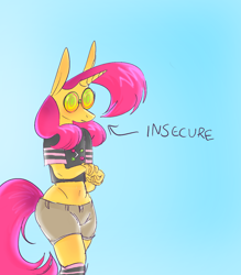 Size: 1400x1600 | Tagged: safe, artist:rubyrelax, imported from derpibooru, oc, oc only, oc:twister pop, anthro, unicorn, clothes, cutie mark, cutie mark on clothes, glasses, horn, male, pink hair, shirt, shorts, socks, wide hips