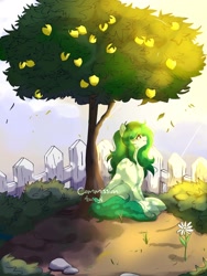 Size: 1536x2048 | Tagged: safe, artist:mikkybun, imported from derpibooru, wallflower blush, earth pony, pony, commission, equestria girls ponified, female, flower, food, freckles, lemon, lemon tree, looking up, mare, ponified, shoulder freckles, sitting, solo, sunlight, tree