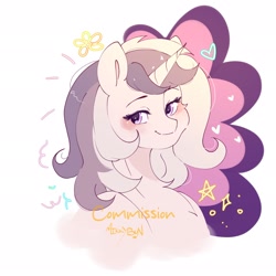 Size: 2048x2048 | Tagged: safe, artist:mikkybun, imported from derpibooru, oc, oc only, pony, unicorn, bust, commission, female, heart, horn, lidded eyes, mare, simple background, smiling, solo, stars, white background