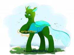 Size: 2048x1536 | Tagged: safe, artist:mikkybun, imported from derpibooru, oc, oc only, changedling, changeling, changedling oc, changeling oc, commission, hoof on chest, lidded eyes, simple background, smiling, solo, white background