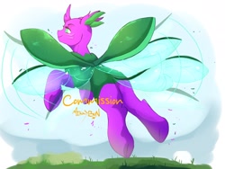 Size: 2048x1536 | Tagged: safe, artist:mikkybun, imported from derpibooru, oc, oc only, changedling, changeling, butt, changedling oc, changeling oc, commission, facing away, flying, looking at you, looking back, looking back at you, plot, solo, spread wings, underhoof, wings