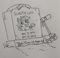 Size: 3062x2943 | Tagged: safe, artist:jargon scott, imported from derpibooru, scootaloo, pegasus, pony, dead, gravestone, grayscale, high res, implied death, monochrome, scooter, smiling friends, text, traditional art