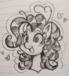 Size: 2680x2966 | Tagged: safe, artist:lazy-ale, imported from derpibooru, pinkie pie, earth pony, pony, bust, cute, diapinkes, female, floating heart, grayscale, heart, lined paper, mare, monochrome, open mouth, open smile, pencil drawing, smiling, solo, traditional art