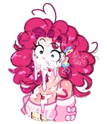 Size: 1069x1236 | Tagged: safe, artist:lazy-ale, imported from derpibooru, pinkie pie, human, breasts, bust, busty pinkie pie, cherry, cleavage, female, food, frosting, humanized, mare, pied, simple background, solo, white background