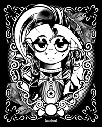 Size: 2400x3000 | Tagged: safe, artist:poxy_boxy, imported from derpibooru, pony, black and white, bust, commission, ear piercing, earring, eyeshadow, female, grayscale, high res, jewelry, lidded eyes, looking at you, makeup, mare, monochrome, nose piercing, nose ring, piercing, solo
