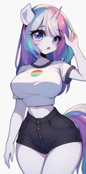 Size: 507x1024 | Tagged: safe, imported from derpibooru, oc, anthro, unicorn, adorasexy, ai content, ai generated, big breasts, breasts, busty oc, clothes, curvy, cute, female, horn, hourglass figure, impossibly thin waist, midriff, open mouth, prompter:horselover fat, sexy, short shirt, shorts, simple background, solo, standing, stupid sexy oc, thigh gap, unicorn oc, wasp waist, white background, wide hips