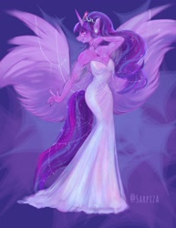 Size: 1419x1840 | Tagged: safe, artist:sarpiza_, imported from derpibooru, twilight sparkle, alicorn, anthro, breasts, busty twilight sparkle, cleavage, clothes, dress, ear piercing, earring, female, gown, jewelry, large wings, mare, piercing, signature, solo, tiara, twilight sparkle (alicorn), wings