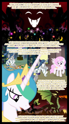 Size: 1280x2300 | Tagged: safe, artist:bigsnusnu, imported from derpibooru, princess celestia, star swirl the bearded, alicorn, deer, dragon, comic:dusk shine in pursuit of happiness, female, filly, filly celestia, fire, fire breath, jewelry, sad, silhouette, tiara, war, younger