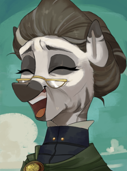 Size: 1560x2100 | Tagged: safe, artist:egil, imported from derpibooru, oc, oc only, oc:innalas ahutzam, zebra, equestria at war mod, bust, clothes, cloud, eyes closed, glasses, laughing, portrait, solo