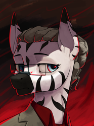 Size: 3120x4200 | Tagged: safe, artist:neither, imported from derpibooru, oc, oc only, oc:shama zurumilki, zebra, equestria at war mod, bust, clothes, glasses, portrait, solo